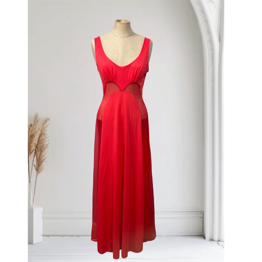 VTG 70s Blanche Ralph Montenero M Red Nylon Maxi‎ Negligee Slip Gown Sheer Panel
